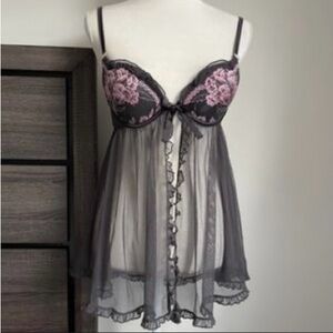 Victoria's Secret Black and Pink Lace Chemise